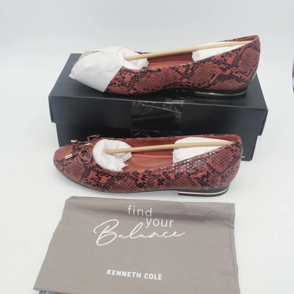 NEW Kenneth Cole Balance Ballet leather Flats Women's 9 Salmon Black Snakeskin - Picture 2 of 9